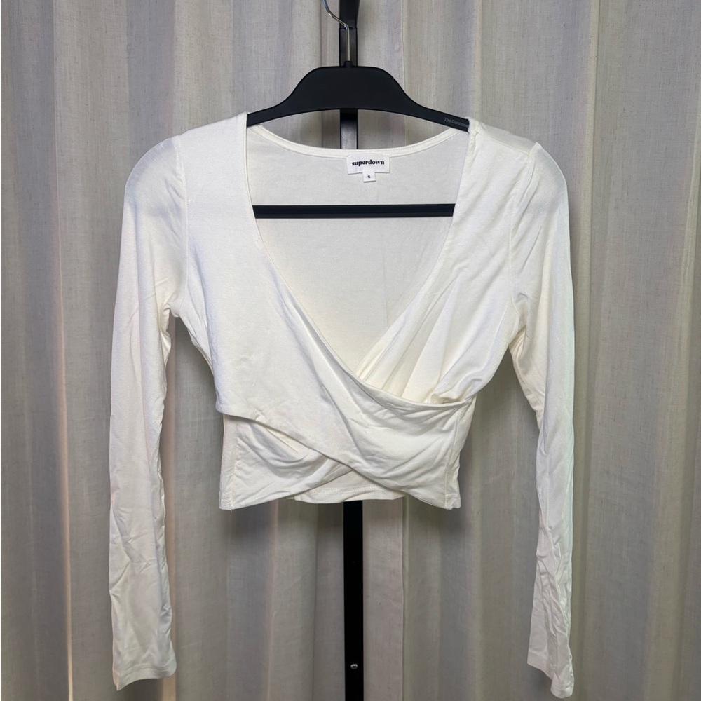 Superdown Cream Long Sleeve Wrap Top